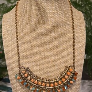 Pink and Gold Crescent Necklace with Turquoise Accents